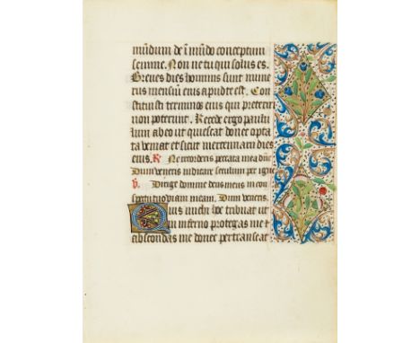 Book of Hours.- Single leaf from an illuminated Book of Hours, manuscript in Latin, on vellum, single column, 15 lines, in da