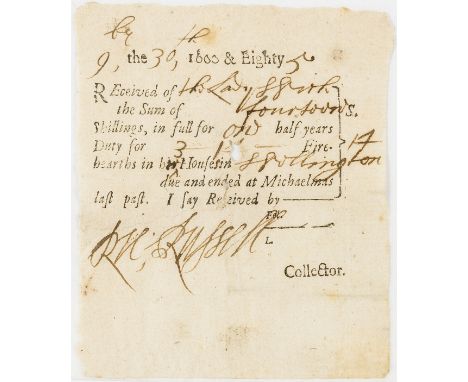 Charles II &amp; Hearth Tax.- Hearth Tax receipt, printed form signed with manuscript insertions, 2 small holes, folds, brown