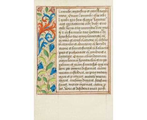 Book of Hours.- Single leaf from an illuminated Book of Hours, manuscript in Latin, on vellum, single column, 20 lines, in br