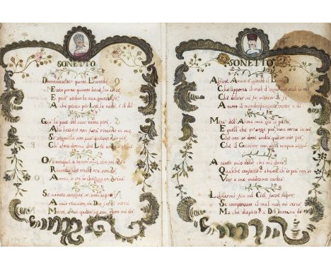 Women.- Poetry.- [Sonnets], manuscript in Italian on paper, 12pp., text in red with brown capitals within decorative borders 