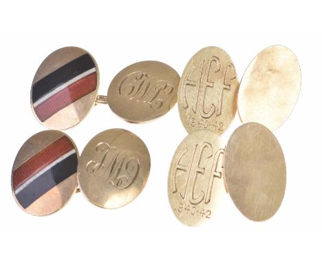 A pair of enamel cufflinksOf oval form with black, white and red enamel detail, with link connectors, stamped 9ct, together w