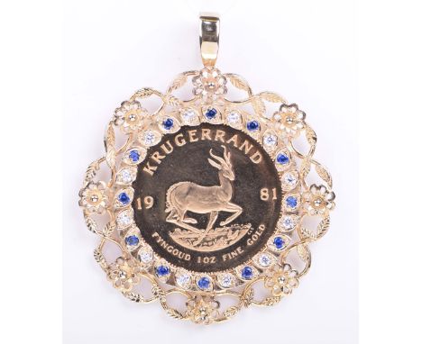 A gem-set Krugerrand pendantDated 1981, to an alternating circular shaped sapphire and round brilliant cut diamond surround, 