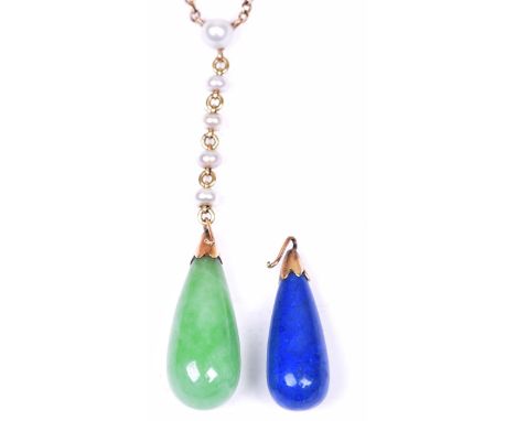 An early 20th century gem set pendantThe fine 9k gold chain, set with five seed pearls, with interchangeable pendants, to inc