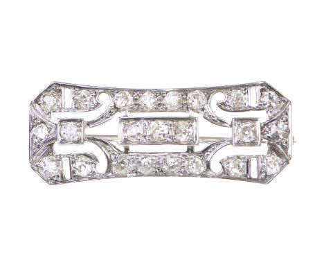 An Art Deco diamond set panel broochOf shaped rectangular form, the geometric pattern set throughout with old-cut diamonds an