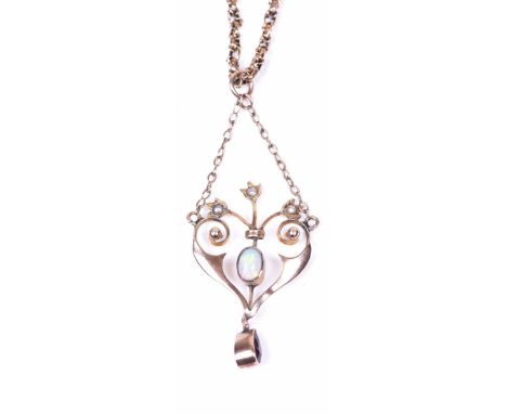 An Art Nouveau gem-set pendant and chainThe central oval opal cabochon, surmounted by seed pearl set foliate detail, within a