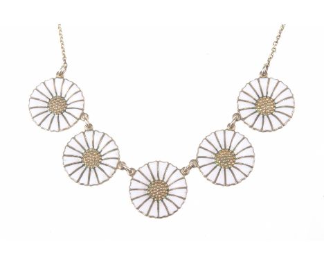 Georg Jensen: A silver gilt and enamel daisy necklaceThe five daisy links with white enamel detail, to a trace link chain, si