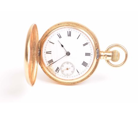 An 18k gold half hunter keyless wind pocket watchAF, the white enamel dial, with black Roman numerals and an outer minute tra