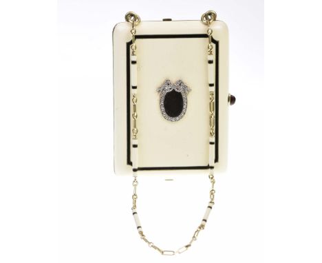 Tiffany & Co.: An Art Deco gold, enamel and diamond compactOf rectangular outline, the cream enamel case with a canted gold a
