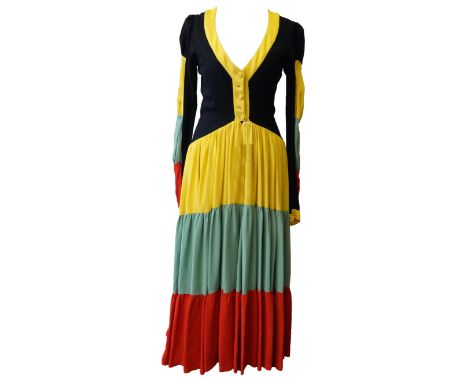 Ossie Clark: A 1970s 'Traffic Light' dressThe black crepe bodice, button fronted, to a tiered graduated skirt in yellow, gree