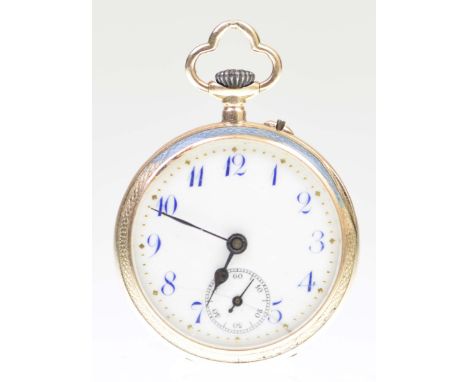 An early 20th century ladies enamel keyless wind pocket watchThe white dial white blue Arabic numerals, with applied gold dot
