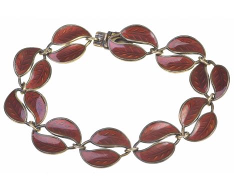 David Anderson: A silver-gilt and enamel braceletEach link designed as two leaves, with deep red enamel decoration, signed DA