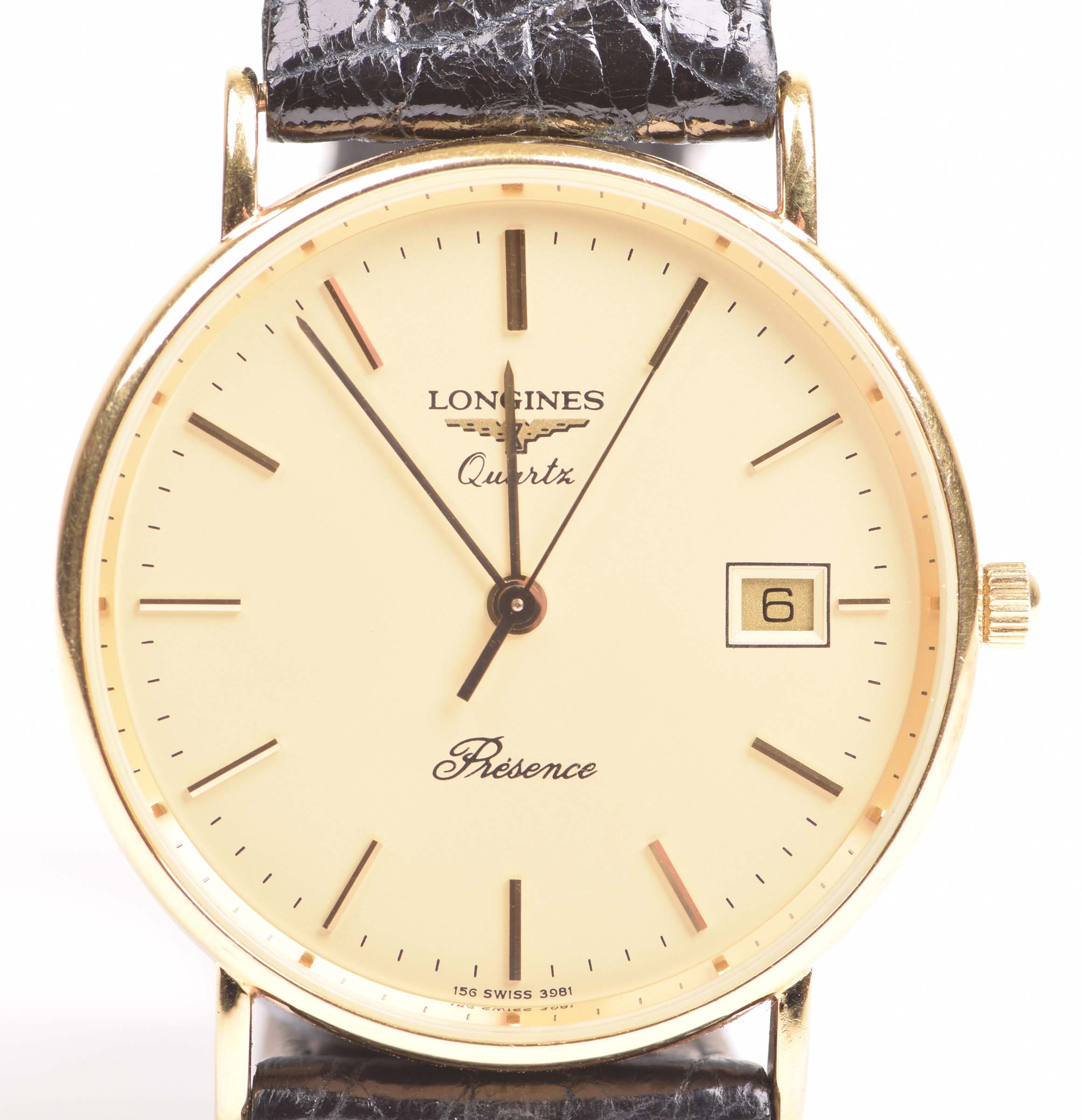 Longines: A 9k gold quartz gentleman's Presence wristwatchThe gold tone ...