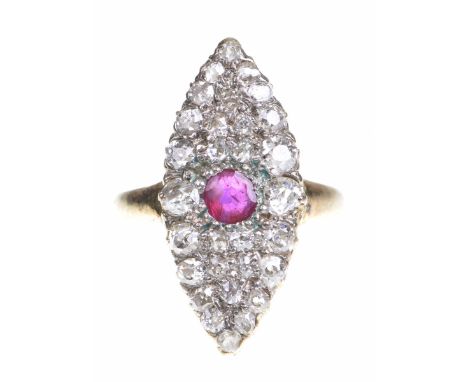 A Victorian ruby and diamond cluster ringOf marquise form, centring a circular shaped ruby, within a graduated old-cut diamon