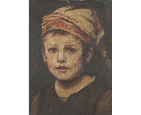UNATTRIBUTED (NINETEENTH CENTURY) OIL PAINTING ON CANVAS Shoulder length portrait of a young boy with Middle Eastern headband