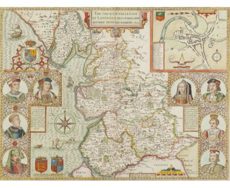 ANTIQUE HAND COLOURED MAP OF LANCASTER BY JOHN SPEED, 1610, with town plan upper right and eight portrait vignettes of relate