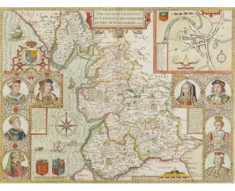 ANTIQUE HAND COLOURED MAP OF LANCASTER BY JOHN SPEED, 1610, with town plan upper right and eight portrait vignettes of relate