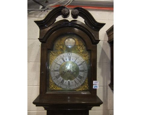 George III mahogany long case clock with 45 cm brass and silvered dial, with corner mask and scroll spandrels, silvered chapt