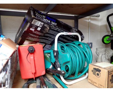 Hosepipe on reel with garden tools and other mixed items. Not available for in-house P&amp;P 