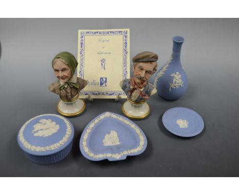 A Pair of Capo Di Monte busts with certificate; Wedgewood blue Jasperware