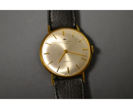 Jaquet Droz- a vintage rolled gold Incabloc wristwatch, brushed silvered dial, baguette baton markers, 17 jewel manual wind m