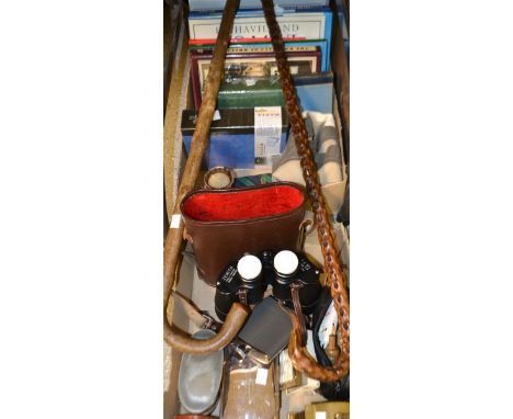 Gentleman's accessories - a pair of Zenith 7x50 binoculars;hp flasks; clothes brushes; railway books etc