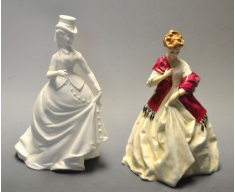 A Royal Worcester figure, First Dance, No 3629, modelled by F Doughty ;  another Equestrian girl, white monotone, printed mar
