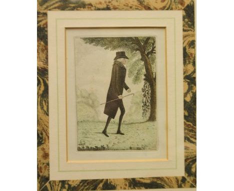 An engraving of a parson walking with a stick , 
After John Kay 1788,
12 X 9cm,
framed and mounted.