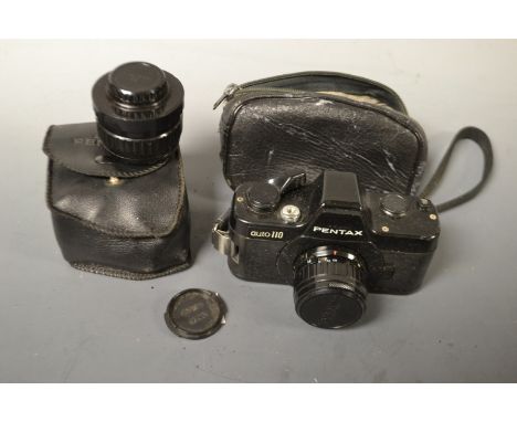 Cameras - a Vintage Pentax 110 auto miniature camera body. 18mm, 24mm - 50mm lenses, AF130P flash unit, cased