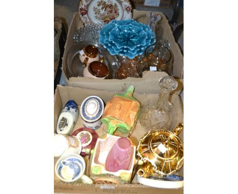 Ceramics and Glass - Clear glass decanters ; Price brothers teapot ; Biscuit barrel ; Spode ; blue and white ; etc
