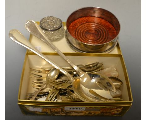 A silver topped dressing table jar; a silver plated wine bottle coaster; flatware; etc