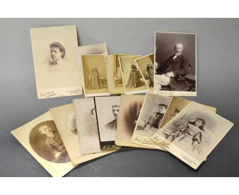 Victorian carte de visite photographs (6); one 1930's postcard portrait (Diana Studios, Derby); ten cabinet portraits, all De