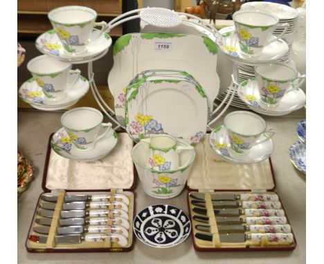 A Heathcote china The Lea pattern tea service for six ; a set of  six Royal Crown Derby tea knives, another.