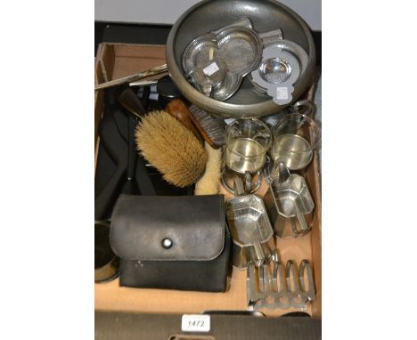 A 1920`s planished pewter comport, milk and sugar ; a Conway box camera ; an ebany dressing table set ; etc 