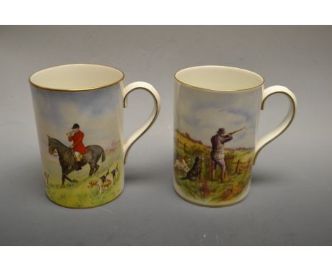 A pair of Royal Crown Derby hunting scene mugs, including The Partrideg Shoot, painted by Doyle (2)
