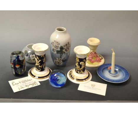 A contemporary Moorcroft boudoir candlestick; Royal Copenhagen; paperweights, etc