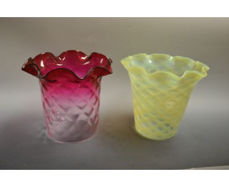 A Victorian style Vaseline glass lamp shade, tapering body, wavy rim;  another cranberry (2)