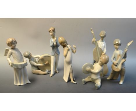 A set of five Musician Lladro figures, each playing an instrument, cello, cymbals, drums, concertina, etc, printed marks
