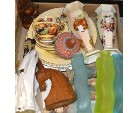 Ceramics - an Aynsley fruit printed teacup and saucer;  another;  a similar plate;  terracotta army figures; Japanese figure;