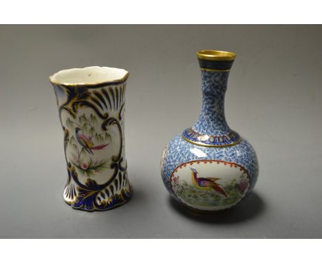 A 19th century Spode Chinioserie bottle vase; a flared cylindrical vase painted with fanciful birds (2)