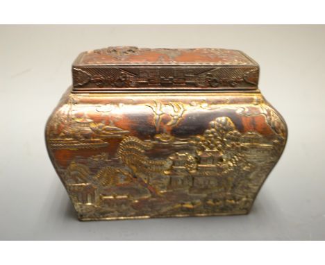 A Chinese silver on copper caddy rounded rectangular cover with acorn finials, 13cm wide, late 19th century