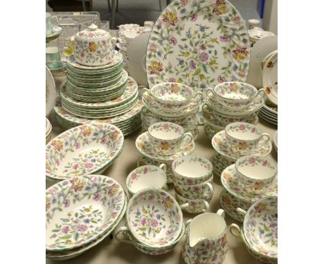 A part Minton Haddon Hall pattern dinner and tea service, comprising soup bowls and stands, dinner plates, dessert plates, se
