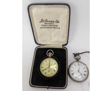 An early 20th century, J. W. Benson, silver cased, chronograph, open faced pocket watch, circa 1927, having a white enamel di