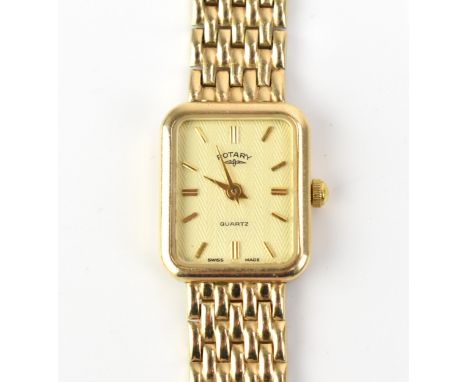 A Rotary, quartz, ladies, 9ct gold wristwatch, having a textured dial with baton markers, 9ct gold bracelet, 15.5mm,  18.8 gr