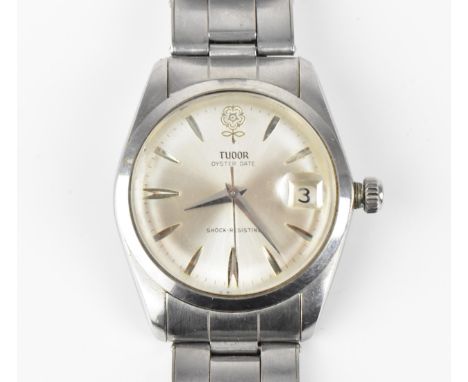 A Tudor, Oyster Date, manual wind, gents, stainless steel wristwatch, circa 1960s, having a silvered dial with baton markers,
