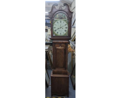 An early 19th century mahogany longcase clock, having a broken swan neck pediment and painted arch top dial, signed John Park