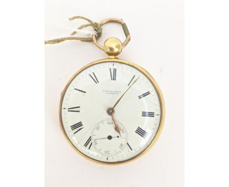 A 19th century 18ct gold, open faced pocket watch, having a white enamel dial, with gilt hands, Roman numerals and subsidiary