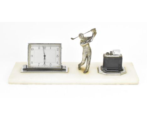 An Art Deco onyx and chrome clock desk set, with square dial with Arabic numerals, the onyx stand set with a model of a golfe