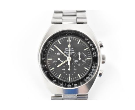 An Omega Speedmaster MARK II, chronograph, automatic, gents, stainless steel wristwatch, circa 1969, having a black dial with