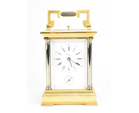 A 20th century brass carriage clock, retailed by Asprey &amp; Co, in gilt and silvered metal case, with white enamel face wit