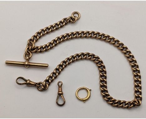 An early 20th century 9ct gold pocket watch curb link chain having T-bar and dog clip, 35cm total length, 19.7 grams, togethe